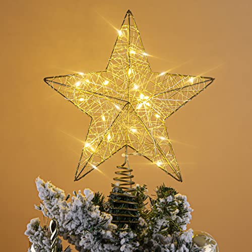 Weihnachtsbaumspitze Rustikaler Weihnachtsbaum Topper, 10 Zoll 20 LED warme Lichter, 5-Punkt-Baumkronen-Stern für Christbaumschmuck Weihnachten Urlaub Saisonale Dekoration von LAWOHO