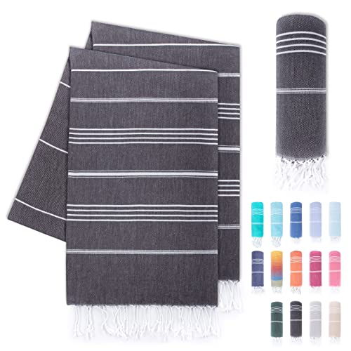 LAYNENBURG 2er-Set Premium Hamamtuch mit handgeknüpften Fransen - 100% Baumwolle - Strandtuch 95x180 cm - Oeko-TEX 100 - Strandhandtuch groß - Saunatuch & Reisehandtuch (Anthrazit) von LAYNENBURG