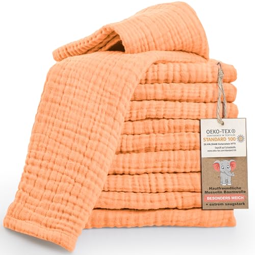LAYNENBURG 10er-Set Premium Spucktücher Baby aus extra weichem Musselin - 100% Baumwolle - 30x50cm - Oeko Tex 100 - Musselin-tücher als Mulltücher, Mullwindeln oder Stoffwindeln (Aprikose) von LAYNENBURG