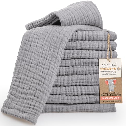 LAYNENBURG 10er-Set Premium Spucktücher Baby aus extra weichem Musselin - 100% Baumwolle - 30x50cm - Oeko Tex 100 - Musselin-tücher als Mulltücher, Mullwindeln oder Stoffwindeln (grau) von LAYNENBURG