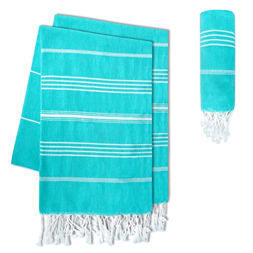 LAYNENBURG 2er-Set Premium Hamamtuch mit handgeknüpften Fransen - 100% Baumwolle - XXL Strandtuch 100x200 cm - Oeko-TEX 100 - Strandhandtuch groß - Saunatuch & Reisehandtuch (Aqua) von LAYNENBURG