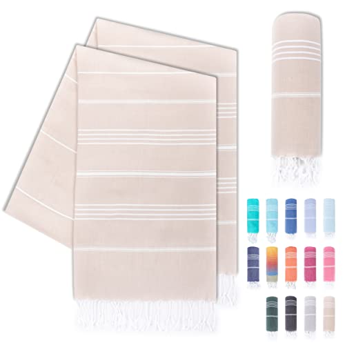 LAYNENBURG 2er-Set Premium Hamamtuch mit handgeknüpften Fransen - 100% Baumwolle - XXL Strandtuch 100x200 cm - Oeko-TEX 100 - Strandhandtuch groß - Saunatuch & Reisehandtuch (Beige) von LAYNENBURG