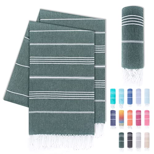 LAYNENBURG 2er-Set Premium Hamamtuch mit handgeknüpften Fransen - 100% Baumwolle - XXL Strandtuch 100x200 cm - Oeko-TEX 100 - Strandhandtuch groß - Saunatuch & Reisehandtuch (Dunkelgrün) von LAYNENBURG