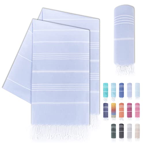 LAYNENBURG 2er-Set Premium Hamamtuch mit handgeknüpften Fransen - 100% Baumwolle - XXL Strandtuch 100x200 cm - Oeko-TEX 100 - Strandhandtuch groß - Saunatuch & Reisehandtuch (Hellblau) von LAYNENBURG