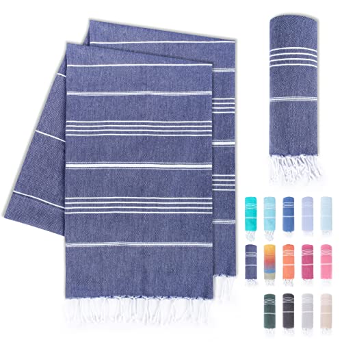 LAYNENBURG 2er-Set Premium Hamamtuch mit handgeknüpften Fransen - 100% Baumwolle - XXL Strandtuch 100x200 cm - Oeko-TEX 100 - Strandhandtuch groß - Saunatuch & Reisehandtuch (Marineblau) von LAYNENBURG