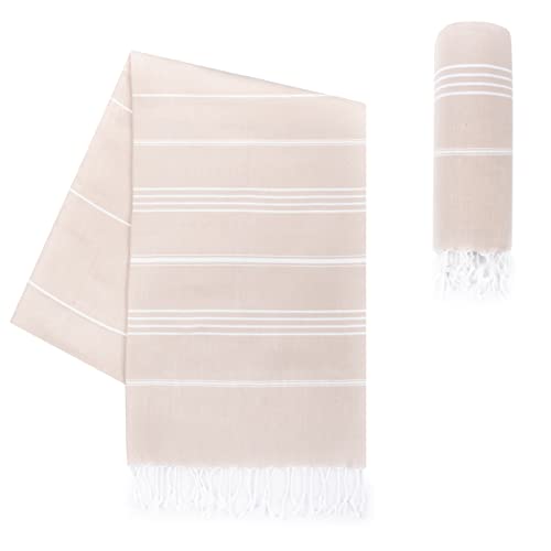 LAYNENBURG Premium Hamamtuch mit handgeknüpften Fransen - 100% Baumwolle - XXL Strandtuch 100x200 cm - Oeko-TEX 100 - Strandhandtuch groß - Saunatuch & Reisehandtuch (Beige) von LAYNENBURG