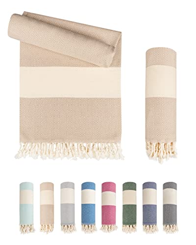 LAYNENBURG Premium Hamamtuch mit handgeknüpften Fransen - 100% Baumwolle - XXL Strandtuch 95x180 cm - Oeko TEX 100 - Strand-Handtuch Karomuster groß - Reisehandtuch & Saunatuch (Beige) von LAYNENBURG