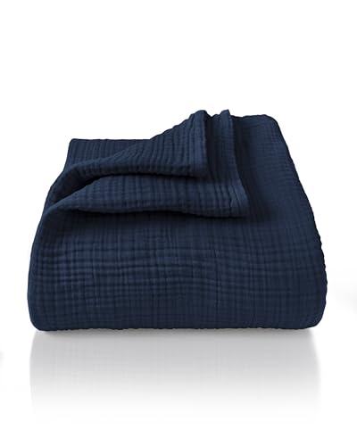 LAYNENBURG Premium Musselin Tagesdecke 180x220 cm - 100% Baumwolle - extraweiche Baumwolldecke als Kuscheldecke, Bett-Überwurf, Sofa-Überwurf, Couch-Überwurf - warme Sofa-Decke (Blau-Anthrazit) von LAYNENBURG