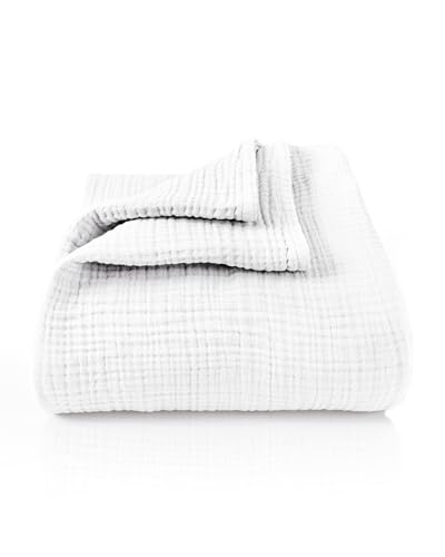 LAYNENBURG Premium Musselin Tagesdecke 150x200 cm - 100% Baumwolle - extraweiche Baumwolldecke als Kuscheldecke, Bett-Überwurf, Sofa-Überwurf, Couch-Überwurf - warme Sofa-Decke (Weiß) von LAYNENBURG