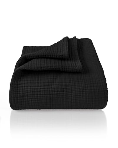LAYNENBURG Premium Musselin Tagesdecke 180x220 cm - 100% Baumwolle - extraweiche Baumwolldecke als Kuscheldecke, Bett-Überwurf, Sofa-Überwurf, Couch-Überwurf - warme Sofa-Decke (Schwarz) von LAYNENBURG