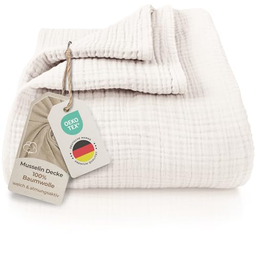 LAYNENBURG Premium Musselin Tagesdecke 220x240 cm XXL - 100% Baumwolle - extraweiche Baumwolldecke als Kuscheldecke, Bett-Überwurf, Sofa-Überwurf, Couch-Überwurf - warme Sofa-Decke (Creme) von LAYNENBURG
