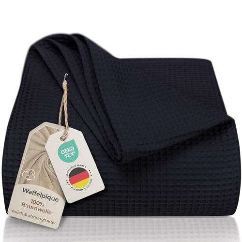 LAYNENBURG Premium Tagesdecke 150 x 200 cm - Waffelpique 100% Baumwolle - leichte Sommerdecke Waffeloptik - Baumwolldecke als Bett-Überwurf, Sofa-Überwurf, Couch-Überwurf - Sofa-Decke (schwarz) von LAYNENBURG