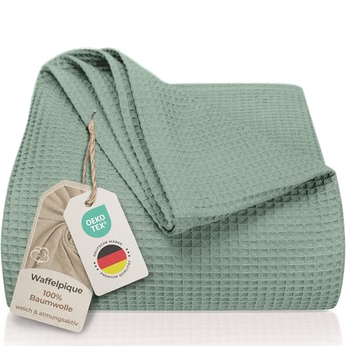 LAYNENBURG Premium Tagesdecke 220 x 240 cm XXL - Waffelpique 100% Baumwolle - leichte Wohndecke Waffeloptik - Baumwolldecke als Bett-Überwurf, Sofa-Überwurf, Couch-Überwurf - Sofa-Decke (Mintgrün) von LAYNENBURG