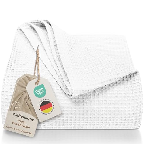 LAYNENBURG Premium Tagesdecke 220 x 240 cm XXL - Waffelpique 100% Baumwolle - leichte Wohndecke Waffeloptik - Baumwolldecke als Bett-Überwurf, Sofa-Überwurf, Couch-Überwurf - Sofa-Decke (weiß) von LAYNENBURG