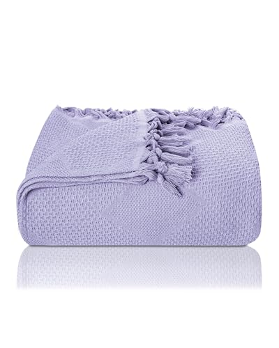 LAYNENBURG Premium Tagesdecke mit handgeknüpften Fransen - 100% Baumwolle - 180 x 220 cm - Waffelpique Sommerdecke - Baumwolldecke als Bett-Überwurf, Couch-Überwurf & Sofa-Decke (Lavendel) von LAYNENBURG