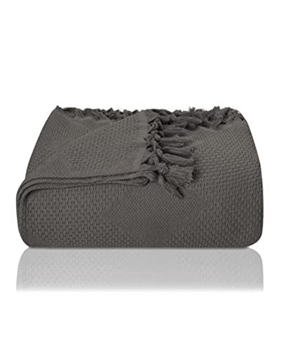 LAYNENBURG Premium Tagesdecke mit handgeknüpften Fransen - 100% Baumwolle - 200 x 220 cm XXL - Waffelpique Sommerdecke - Baumwolldecke als Bett-Überwurf, Couch-Überwurf & Sofa-Decke (Anthrazit) von LAYNENBURG