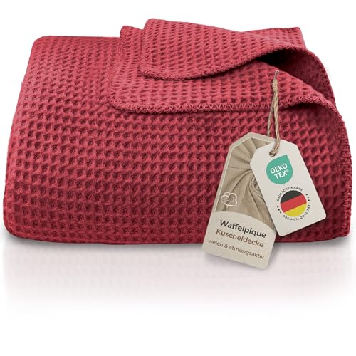 LAYNENBURG Premium Waffelpique Baumwolldecke 220x240 cm - Oeko-TEX 100 - Baumwollmix Kuscheldecke - Decke als Wohndecke, Sofa-Decke & Couchdecke - Wolldecke kuschelig-warm aus Baumwolle (Bordeaux) von LAYNENBURG