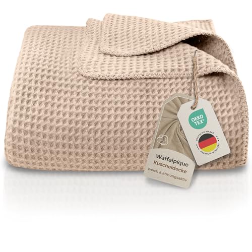 LAYNENBURG Premium Waffelpique Baumwolldecke 220x240 cm - Oeko-TEX 100 - Baumwollmix Kuscheldecke - Decke als Wohndecke, Sofa-Decke & Couchdecke - Wolldecke kuschelig-warm aus Baumwolle (beige) von LAYNENBURG