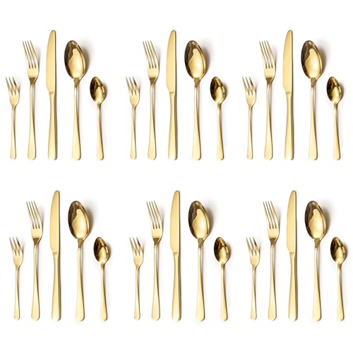 LAZAHOME Besteck Set, Edelstahl Spiegelpoliert 30 teilig Besteckset für 6 Personen, Essbesteck Set mit Messer Gabel Löffel für Familie/Party/Hotel/Restaurant, Gold Tafelbesteck, Spülmaschinenfest von LAZAHOME