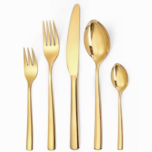 LAZAHOME Goldenes Besteck Set 6 Personen, 30 teilig Besteck Set Gold aus Edelstahl, Glänzendes Goldenes Besteckset mit Messern, Gabeln und Löffeln, hochglanzpoliert und spülmaschinenfest von LAZAHOME