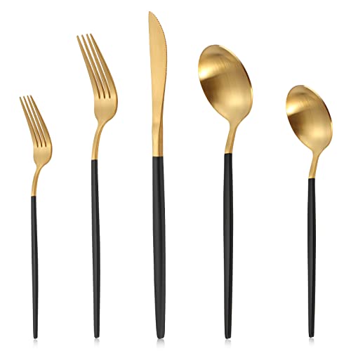 Mattgoldenes Besteck-Set mit schwarzem Griff, LAZAHOME Edelstahl-Besteck-Set für 8, 40-teiliges Küchenutensilien-Set mit Löffeln und Gabeln, spülmaschinenfest. von LAZAHOME