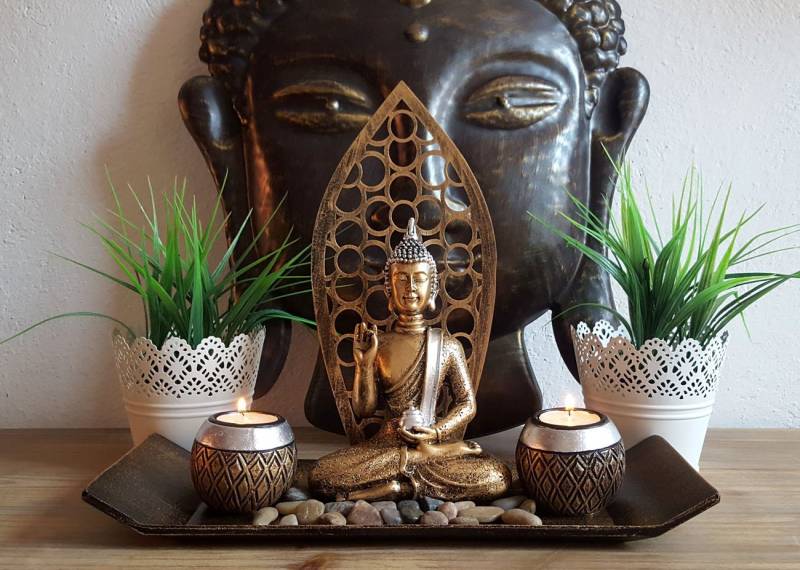 LB H&F Lilienburg Dekotablett Dekotablett Buddha Statue Figur Gold Teelichthalter mit Deko (Kerzenständer Windlicht SET Geschenkset Dekoteller Dekotablett Kerzentablett braun gold Wellness Zen Garten Yoga), Steinen Kerzentablett modern Teelichthalter Kerzenhalter von LB H&F Lilienburg