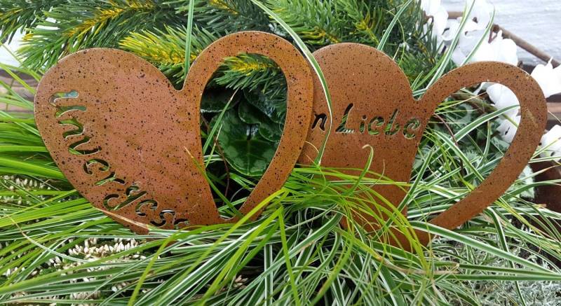 LB H&F Lilienburg Gartenfigur 2er SET Grabherz Grabschmuck Grabdeko Deko Geschenk Dekoration Grab, Trauer Beerdigung Spruch in Liebe Grabdekoration Metall wetterfest von LB H&F Lilienburg