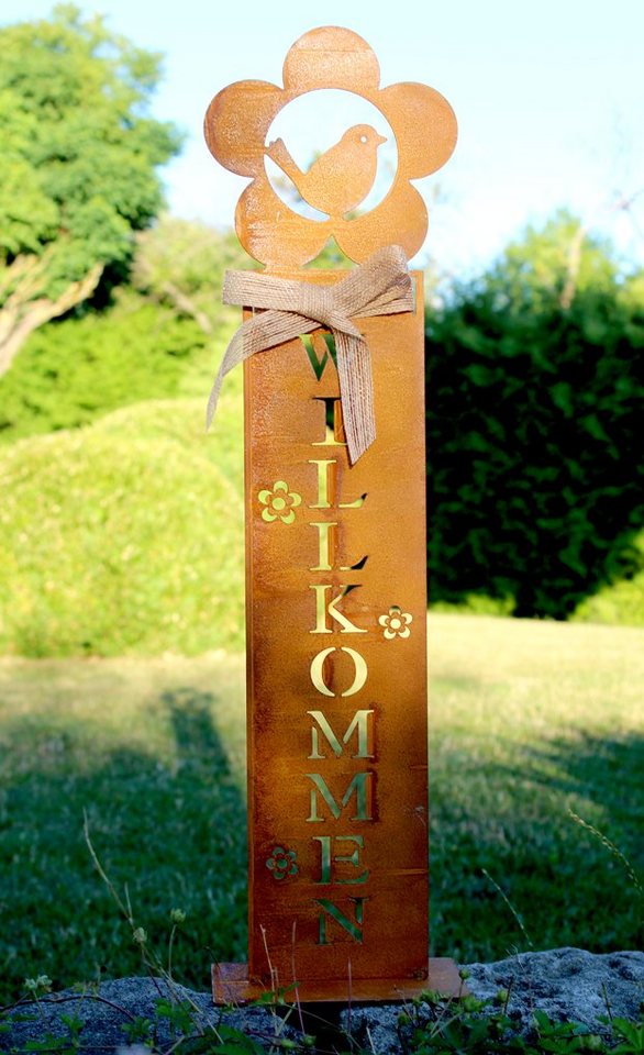 LB H&F Lilienburg Dekofigur Gartendeko Rost Metall Schild Aufsteller Figur Deko (Metallschild Säule Steele Stele Vogel Herbstdeko Dekofigur Gartenparty Frühlingsdeko Gartenschild Hauseingang rostig rostige Geschenk Rostsäule WILLKOMMEN), Eingang Tür Schriftzug Dekofigur Dekoschild Rostdeko Rostschild von LB H&F Lilienburg