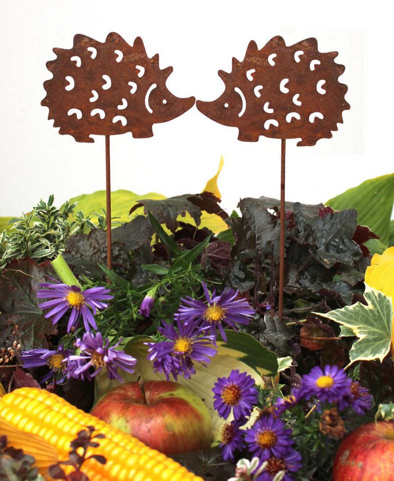 LB H&F Lilienburg Gartenfigur 2er SET Gartendeko Gartenstecker Igel Herbst Metall Rost Herbstdeko, Herbstdekoration Deko Garten aussen Blumenstecker Beetstecker Winter von LB H&F Lilienburg