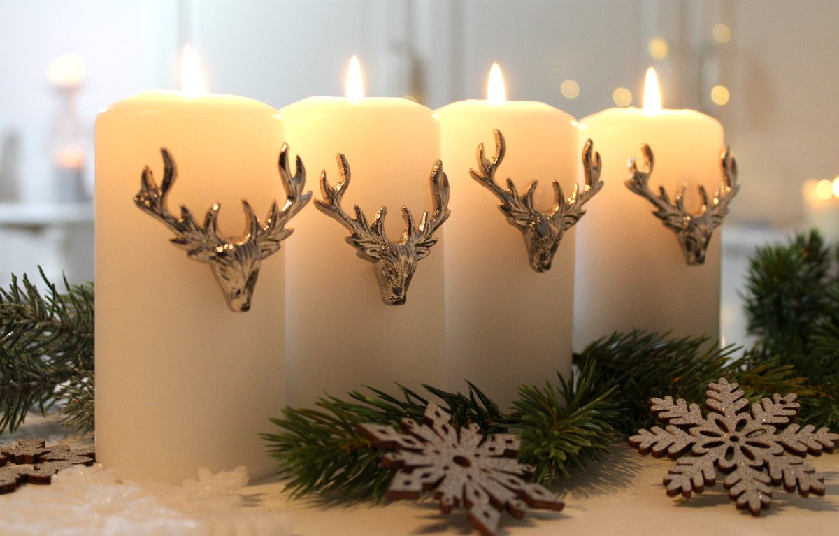 LB H&F Lilienburg Kerzenhalter 4er SET Kerzenstecker Kerzenpin Dekopin Kerzenpick Pin Stecker Kerze (Kerzenpic Tischdeko Kerzendeko Kerzenverzierung Deko Herbstdeko Weihnachtsdeko Adventkerzen Adventskerzen Adventsdeko Adventsstecker Herbst Advent Weihnachten Hochzeit silber Metall Alu edel modern Hirsch Geweih HIRSCHKOPF) von LB H&F Lilienburg