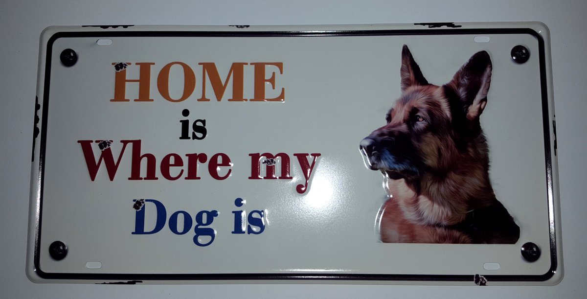 LB H&F Lilienburg Metallbild Blechschild Hund Schäferhund geprägt - Home is Where My Dog is - 40x20 cm Wandschild Blech Metallbild Bild Wanddeko Schild Wanddeko Dekoschild Metallschild Eingang Gartenzaun von LB H&F Lilienburg