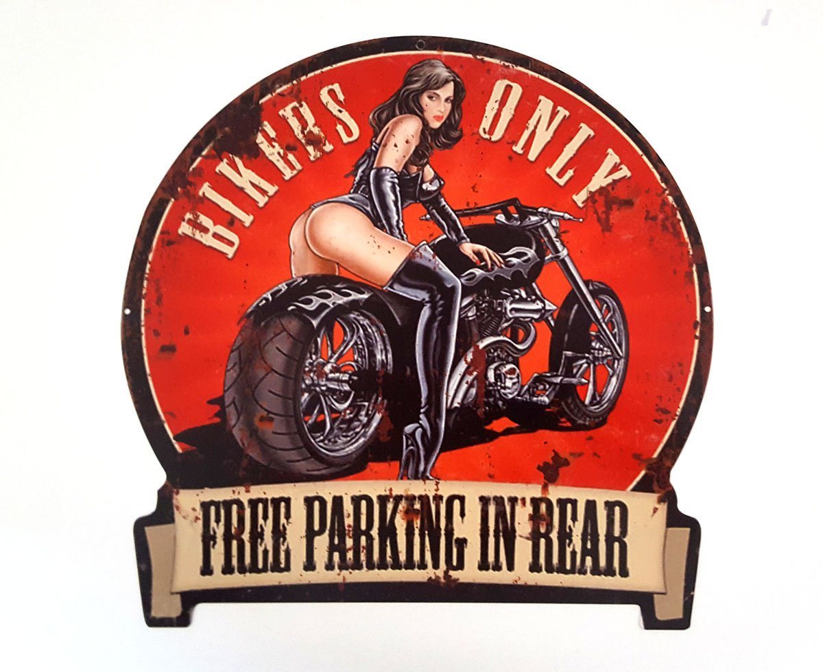 LB H&F Lilienburg Metallbild Schild Bild Metall Blech Dekoschild Wandbild Metallbild Metallschild, (Pin up Girl Motorrad Biker rund rot Vintage Retro Nostalgie), Blechschild Dekobild Garage Geschenk Geschenkidee Wanddeko von LB H&F Lilienburg