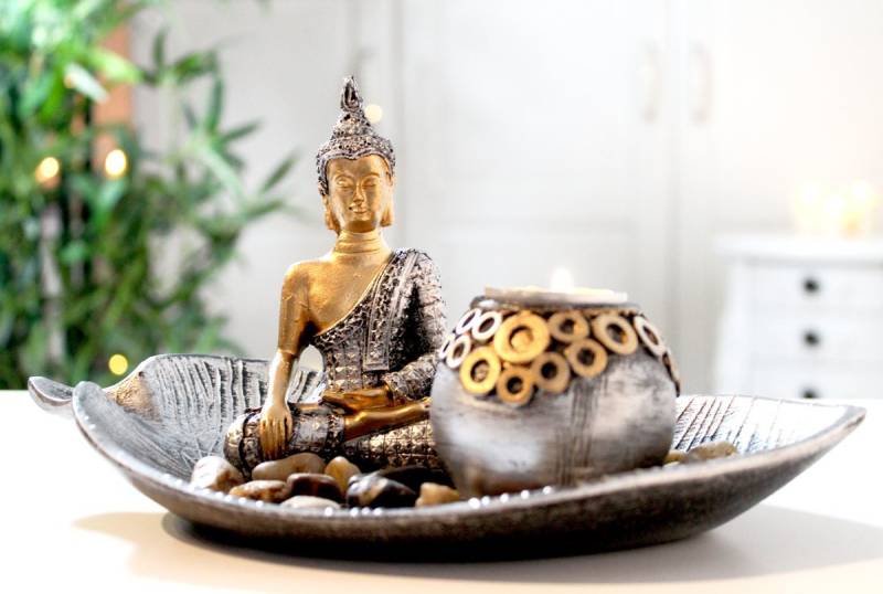 LB H&F Lilienburg Teelichthalter mit Tablett Dekotablett Buddha Statue Gold Teelichthalter mit Deko Steinen (Kerzenständer Windlicht SET Geschenkset Dekoteller Dekotablett Kerzentablett Geschenkset Mama Mutter Geburtstag Wellness), Yoga Feng Shui Zen Kerzentablett modern Teelichthalter Kerzenhalter von LB H&F Lilienburg
