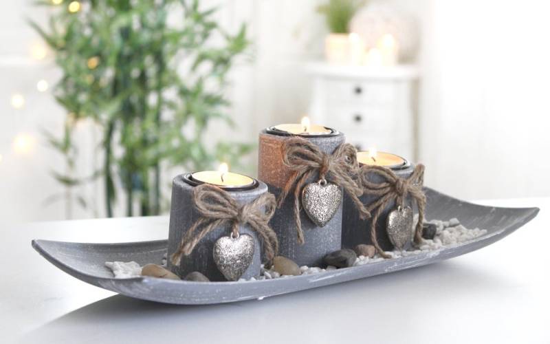 LB H&F Lilienburg Teelichthalter mit Tablett Teelichthalter Kerzenhalter Kerzenständer Windlicht SET (Vintage modern edel Design Tischdeko Tischdekoration silber Herz Winter Herbst Advent Weihnachten Weihnachtsdeko GRAU LANG), Geschenkset Dekoteller Dekotablett Kerzentablett Landhaus von LB H&F Lilienburg