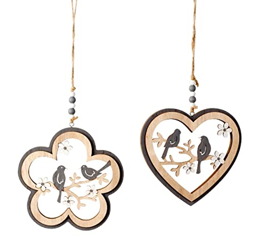 2er Set Girlande Hänger Dekohänger Fenster Frühling Ostern Vogel Holz (Fensterhänger Blume Herz kl) von LB H&F