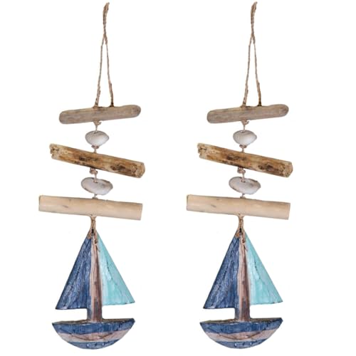 2er Set Girlande Segelschiff Maritim Dekohänger Fenster Maritime Deko Treibholz Natur recyceltes Holz Schiff zum Aufhängen - Hängedeko (2er Set Segelboot) von LB H&F