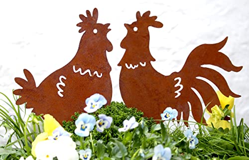 LB H&F 2er Set Hahn und Henne Gartenfigur Hühner Lilienburg Osterdeko Frühlingsdeko Roststecker Rost Metall wetterfest (Hühner am Stab) von LB H&F