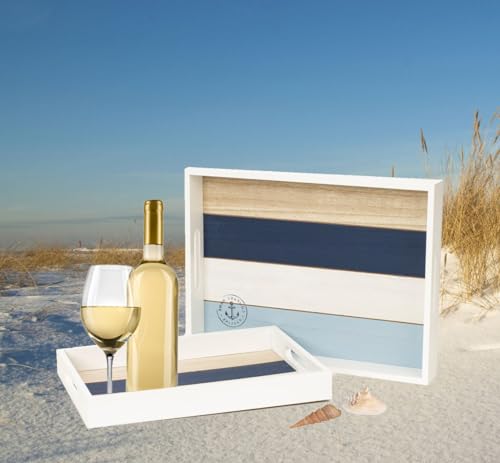 2er Tablett Set Maritim Holztablett Dekotablett Serviertablett Holz Anker 40x30cm + 35x24cm - blau Weiss Natur (Maritim Set) von LB H&F