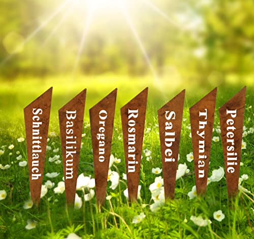 7 Stück Set Topfstecker Kräuterstecker Roststecker 18 cm gross Pflanzstecker Kräuterschilder Kräuter Rosmarin Basilikum Schnittlauch etc (Rost - Keil) von LB H&F