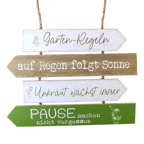 Holzschild Gartenregeln mit 4 Sprüchen - Auf Regen folgt Sonne - Schild Garten Unkraut Deko Wintergarten Terrasse 35 x 27 cm von LB H&F