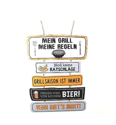 Holzschild Grillregeln mit 5 Sprüchen - Mein Grill meine Regeln - Schild XL Grillen Bier Männer Deko Grillecke Außenküche 46 x 35cm von LB H&F