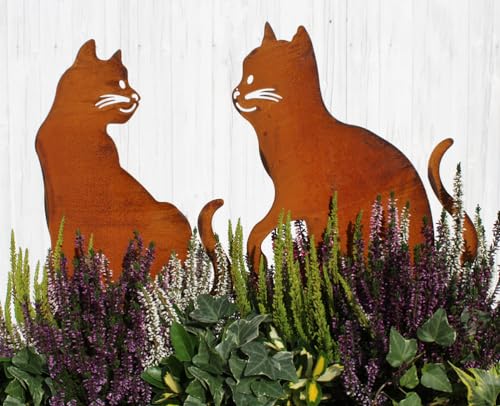 LB H&F Lilienburg 2er Set Roststecker Katze und Kater Gartendeko Gartenstecker Rost Metall Dekofigur Gartenfigur Rostfigur (2er Katze braun) von LB H&F