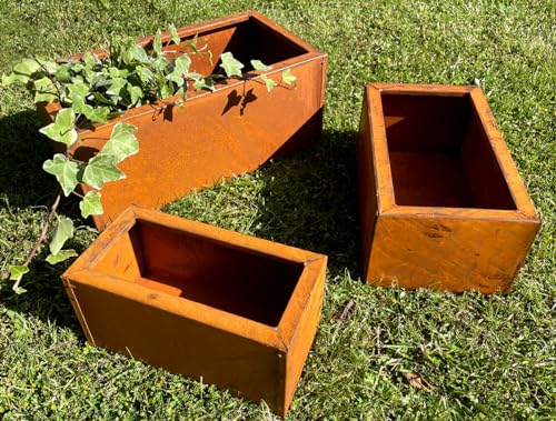 LB H&F 3er Set Blumenkasten Balkonkasten Rost Edelrost - 3 Größen - Pflanzkasten Massiv Metall Rostdeko Gartendeko Pflanzgefäß (3er Set Rost) von LB H&F