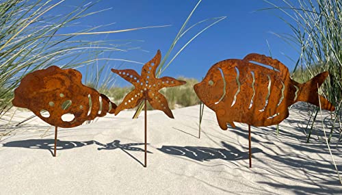 LB H&F 3er Set Gartenstecker Maritim Deko Gartendeko Roststecker Fisch/Seestern/Muschel Rost Metall wetterfest (3er Set 2) von LB H&F