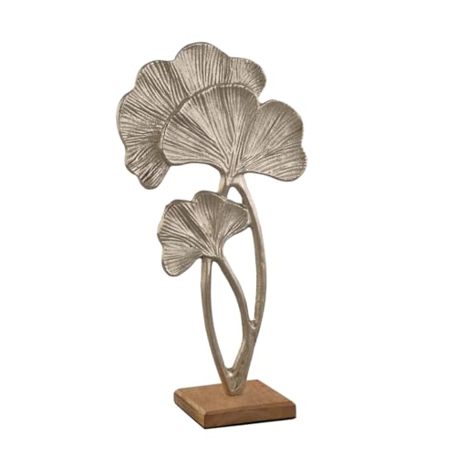 LB H&F Ginkoblatt Skulptur Dekobjekt 39cm Deko Ginko Holz Metall Silber Pflanze zum hinstellen Natur (Pflanze) von LB H&F