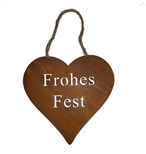 LB H&F Rostherz Herz mit Schnur FROHES FEST/Frohe Weihnachten zum Aufhängen an Tür oder Fenster 20 x 20 cm Gross (Herz Rost) von LB H&F