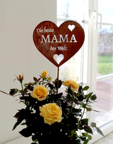 LB H&F Rostherz Muttertag Muttertagsgeschenk Geburtstag Gartenstecker Blumenstecker Geschenk Mutter Gartenfigur Herz - Die Beste Mama der Welt - 33cm (Mama) von LB H&F