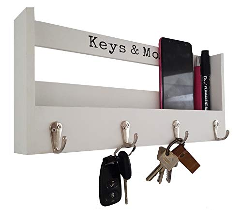 LB H&F Schlüsselbrett Holz mit Ablage Schlüsselkasten Vintage Schlüsselschrank und 4 Schlüsselhaken für Briefe, Stifte, Handy Schlüsselleiste Schlüsselboard Weiß von LB H&F
