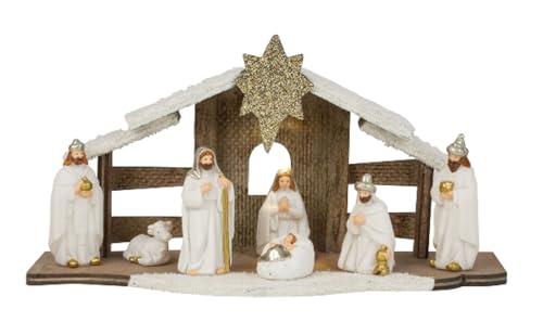 Weihnachtskrippe Krippe Tischkrippe mit Figuren, 7 TLG. Set inkl. Licht Krippenset Weiss Krippenszene Holz (Krippe Set) von LB H&F