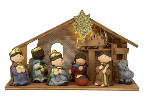 Weihnachtskrippe Krippe Weihnachten Tischkrippe mit Figuren, 8 TLG. Set inkl. Licht Krippenset Mehrfarbig Krippenszene Comic Holz (Krippe Set 8 TLG.) von LB H&F